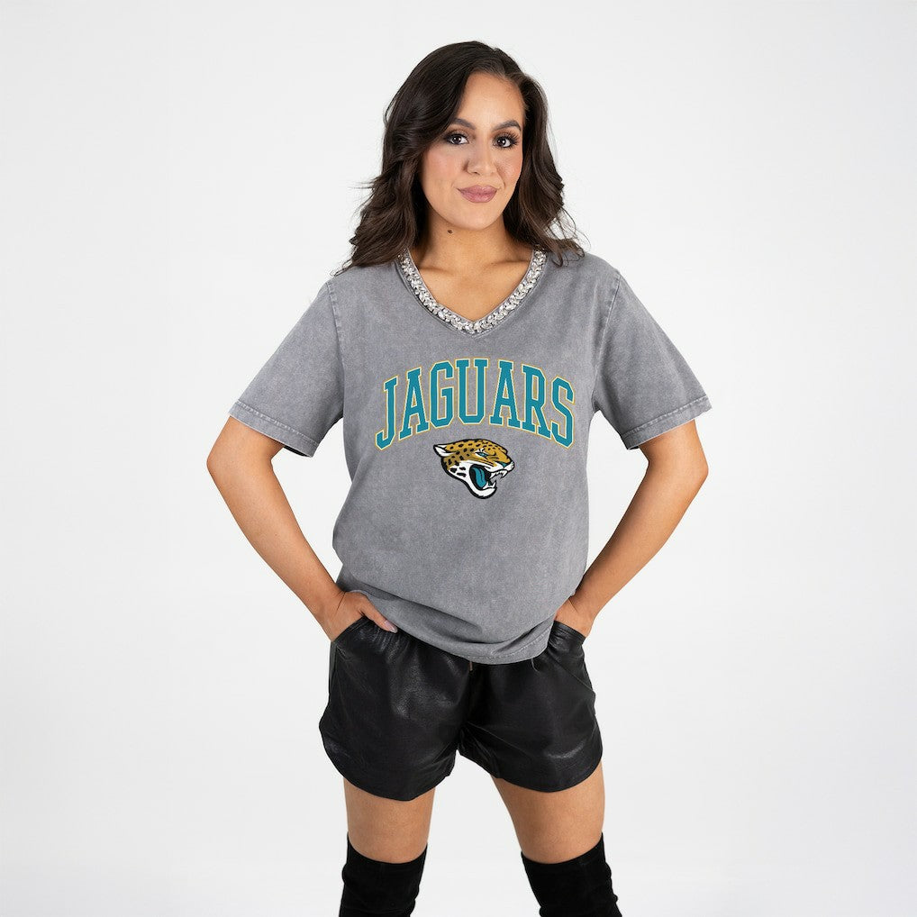 NFL Jacksonville Jaguars Gameday Couture Women's Relaxed Iconic Edge Rhinestone V-Neck T-Shirt