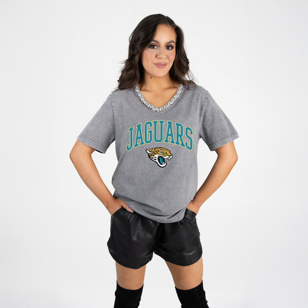 NFL Jacksonville Jaguars Gameday Couture Women's Relaxed Iconic Edge Rhinestone V-Neck T-Shirt