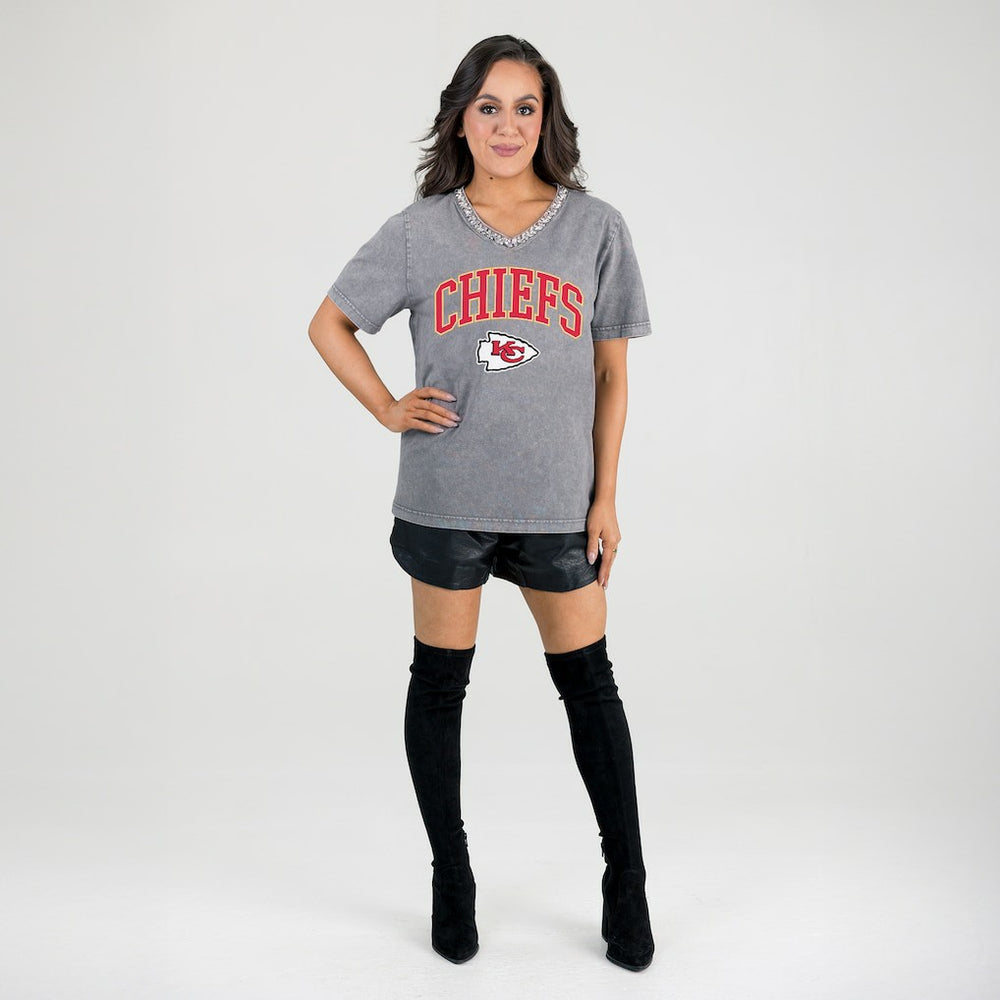 NFL Kansas City Chiefs Gameday Couture Women's Relaxed Iconic Edge Rhinestone V-Neck T-Shirt
