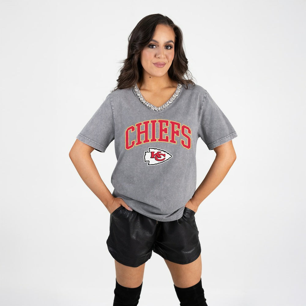 NFL Kansas City Chiefs Gameday Couture Women's Relaxed Iconic Edge Rhinestone V-Neck T-Shirt