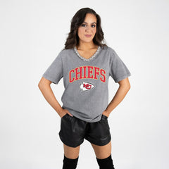 NFL Kansas City Chiefs Gameday Couture Women's Relaxed Iconic Edge Rhinestone V-Neck T-Shirt