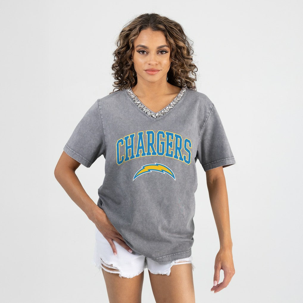 NFL Los Angeles Chargers Gameday Couture Women's Relaxed Iconic Edge Rhinestone V-Neck T-Shirt