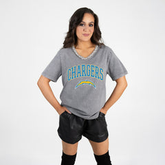 NFL Los Angeles Chargers Gameday Couture Women's Relaxed Iconic Edge Rhinestone V-Neck T-Shirt