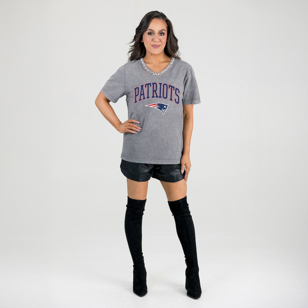 NFL New England Patriots Gameday Couture Women's Relaxed Iconic Edge Rhinestone V-Neck T-Shirt