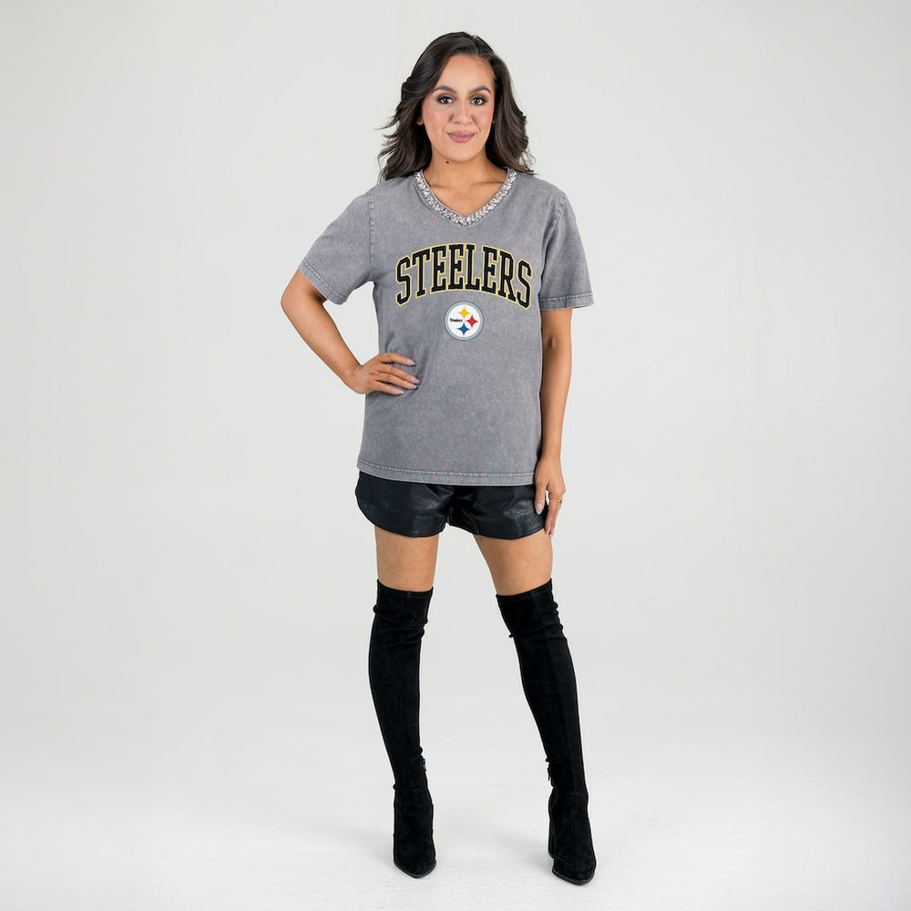 NFL Pittsburgh Steelers Gameday Couture Women's Relaxed Iconic Edge Rhinestone V-Neck T-Shirt