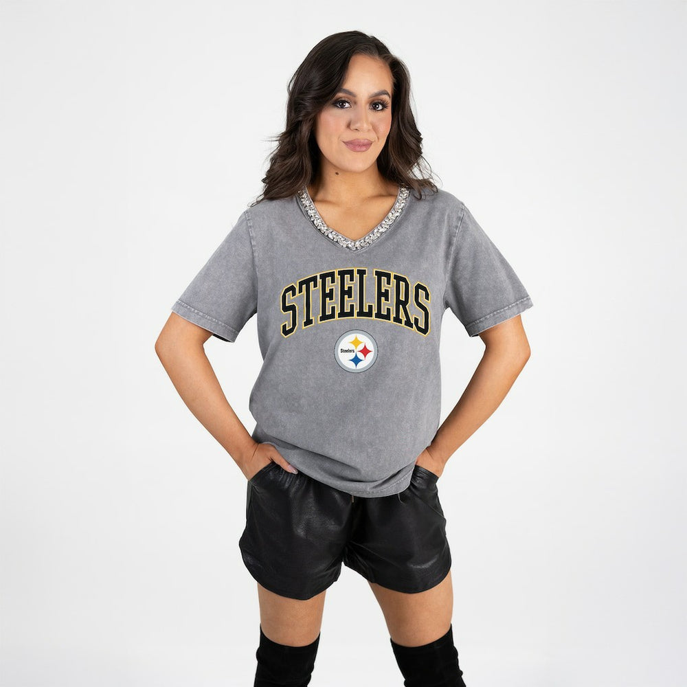 NFL Pittsburgh Steelers Gameday Couture Women's Relaxed Iconic Edge Rhinestone V-Neck T-Shirt