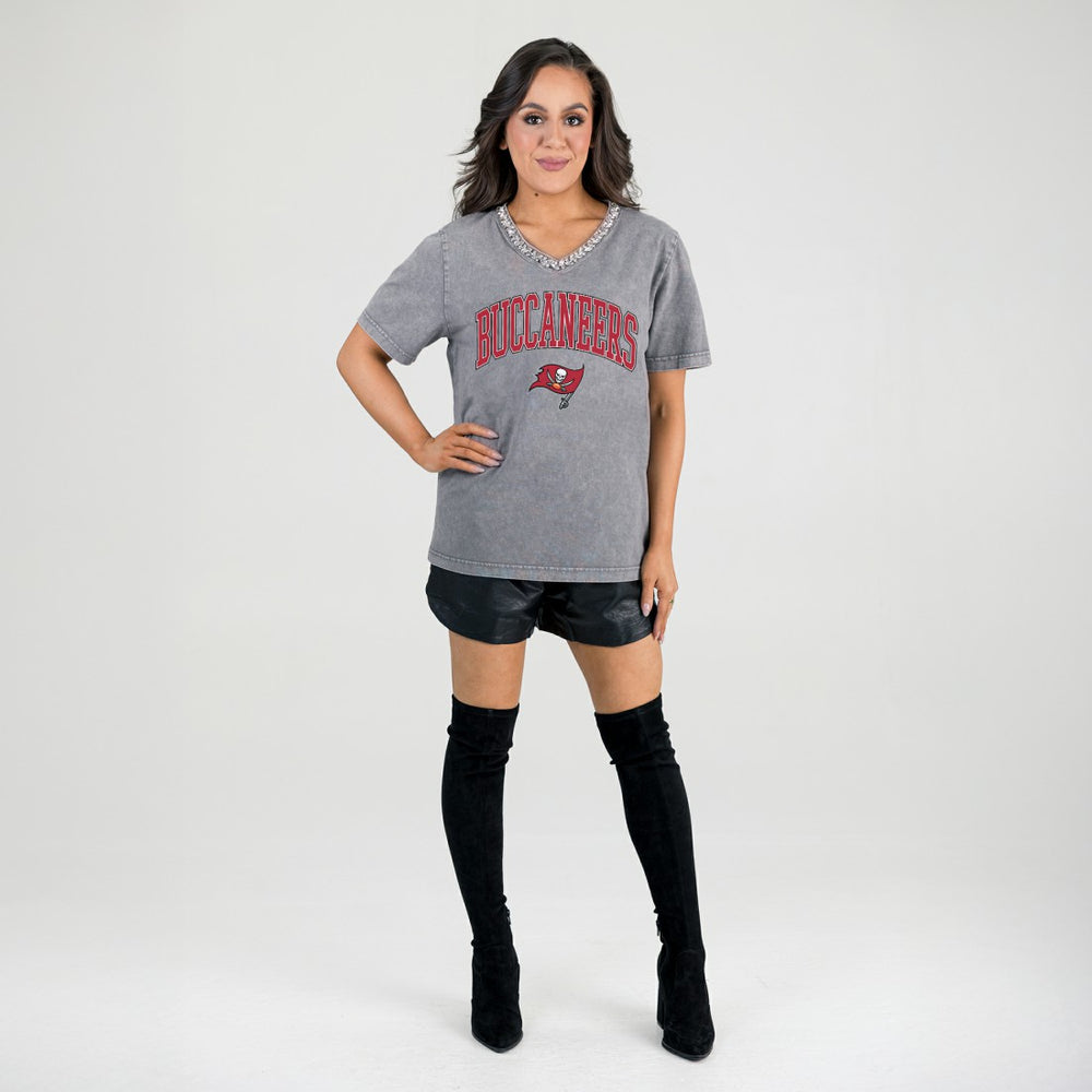 NFL Tampa Bay Buccaneers Gameday Couture Women's Relaxed Iconic Edge Rhinestone V-Neck T-Shirt