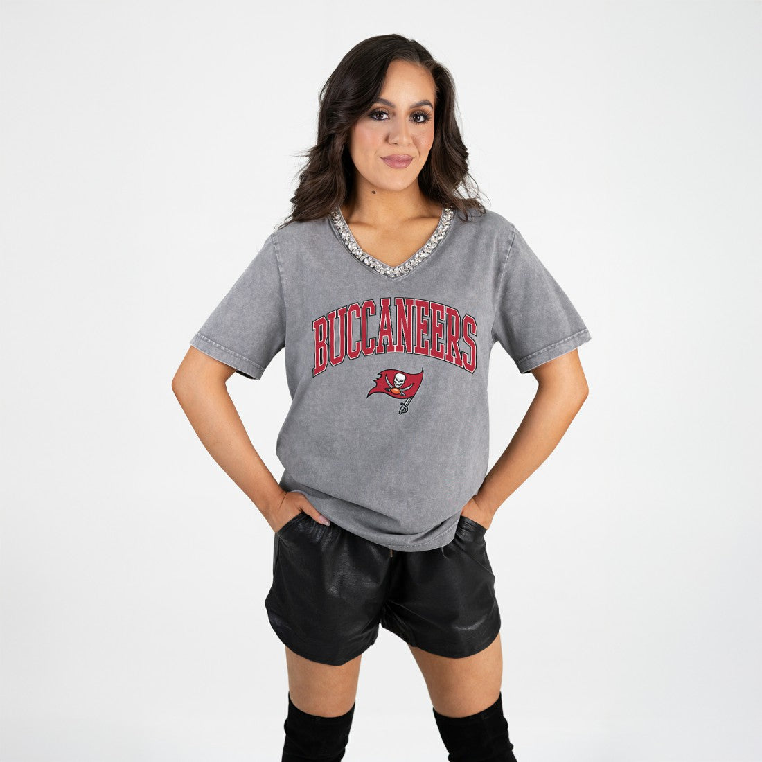 NFL Tampa Bay Buccaneers Gameday Couture Women's Relaxed Iconic Edge Rhinestone V-Neck T-Shirt