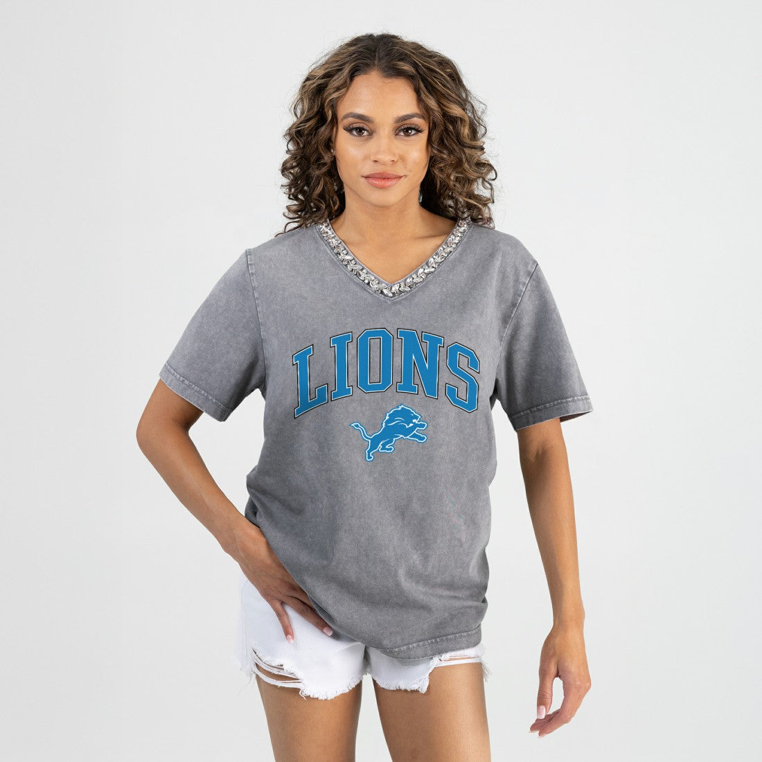 NFL Detroit Lions Gameday Couture Women's Relaxed Iconic Edge Rhinestone V-Neck T-Shirt