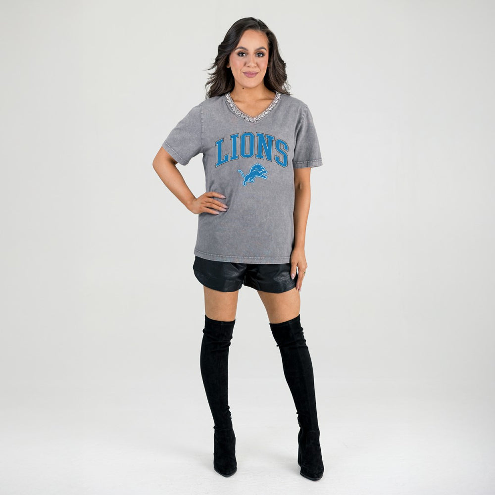 NFL Detroit Lions Gameday Couture Women's Relaxed Iconic Edge Rhinestone V-Neck T-Shirt