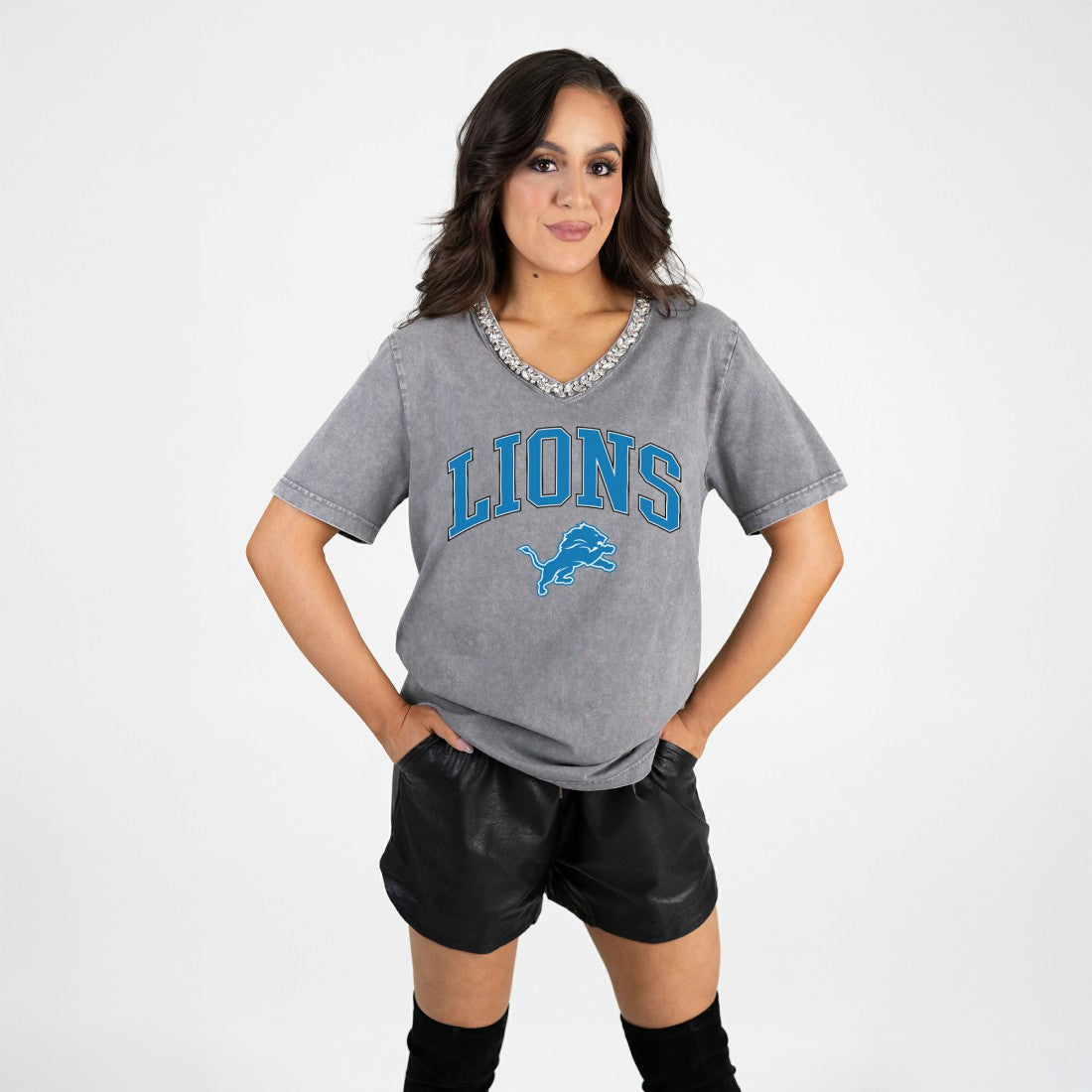 NFL Detroit Lions Gameday Couture Women's Relaxed Iconic Edge Rhinestone V-Neck T-Shirt