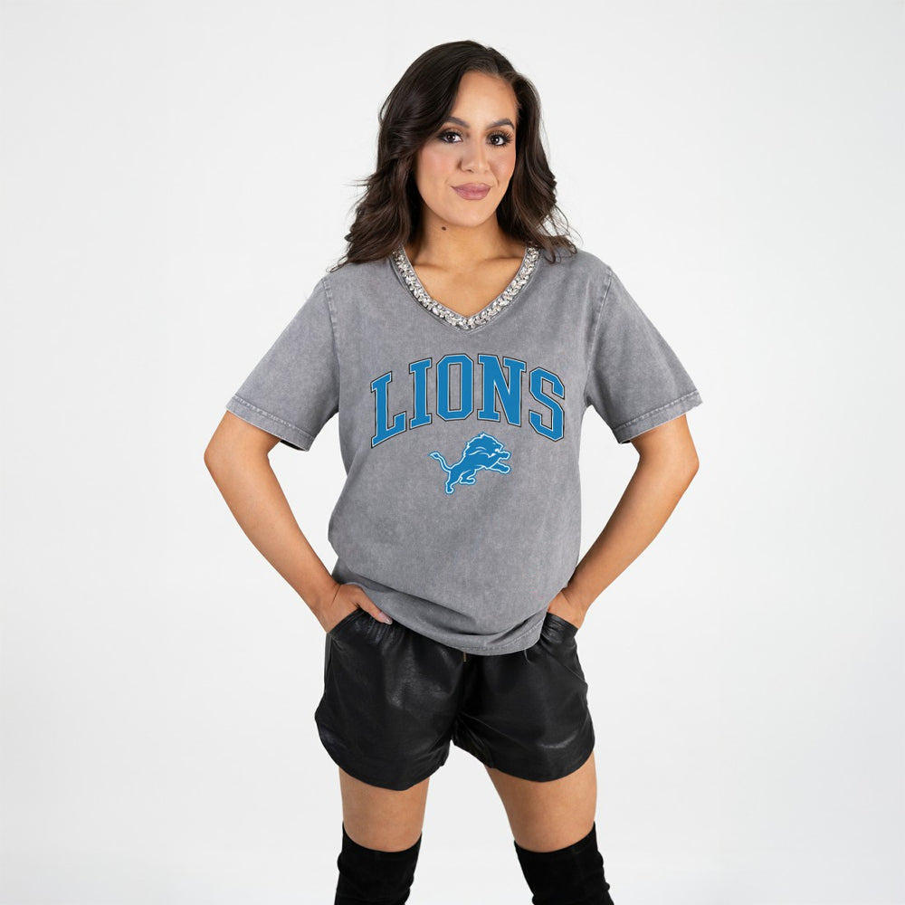 NFL Detroit Lions Gameday Couture Women's Relaxed Iconic Edge Rhinestone V-Neck T-Shirt
