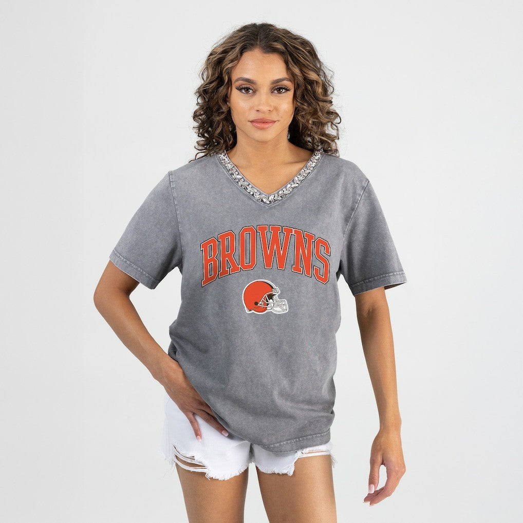 NFL Cleveland Browns Gameday Couture Women's Relaxed Iconic Edge Rhinestone V-Neck T-Shirt