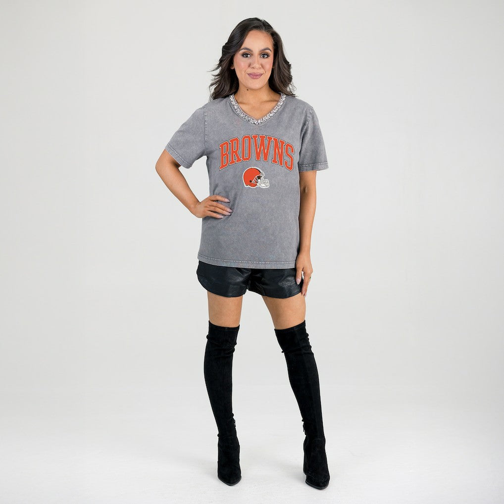 NFL Cleveland Browns Gameday Couture Women's Relaxed Iconic Edge Rhinestone V-Neck T-Shirt
