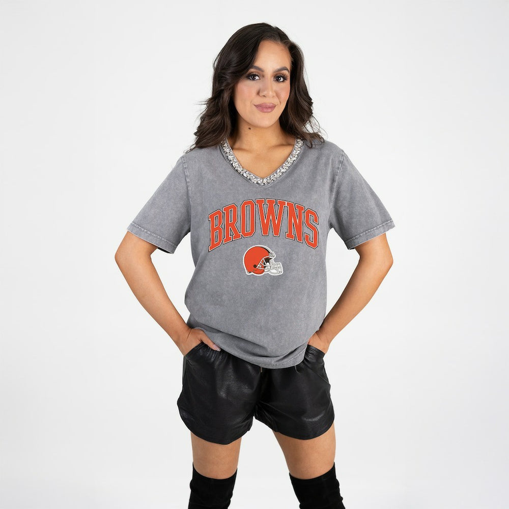 NFL Cleveland Browns Gameday Couture Women's Relaxed Iconic Edge Rhinestone V-Neck T-Shirt