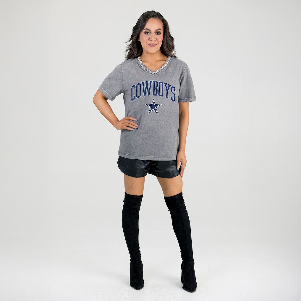 NFL Dallas Cowboys Gameday Couture Women's Relaxed Iconic Edge Rhinestone V-Neck T-Shirt