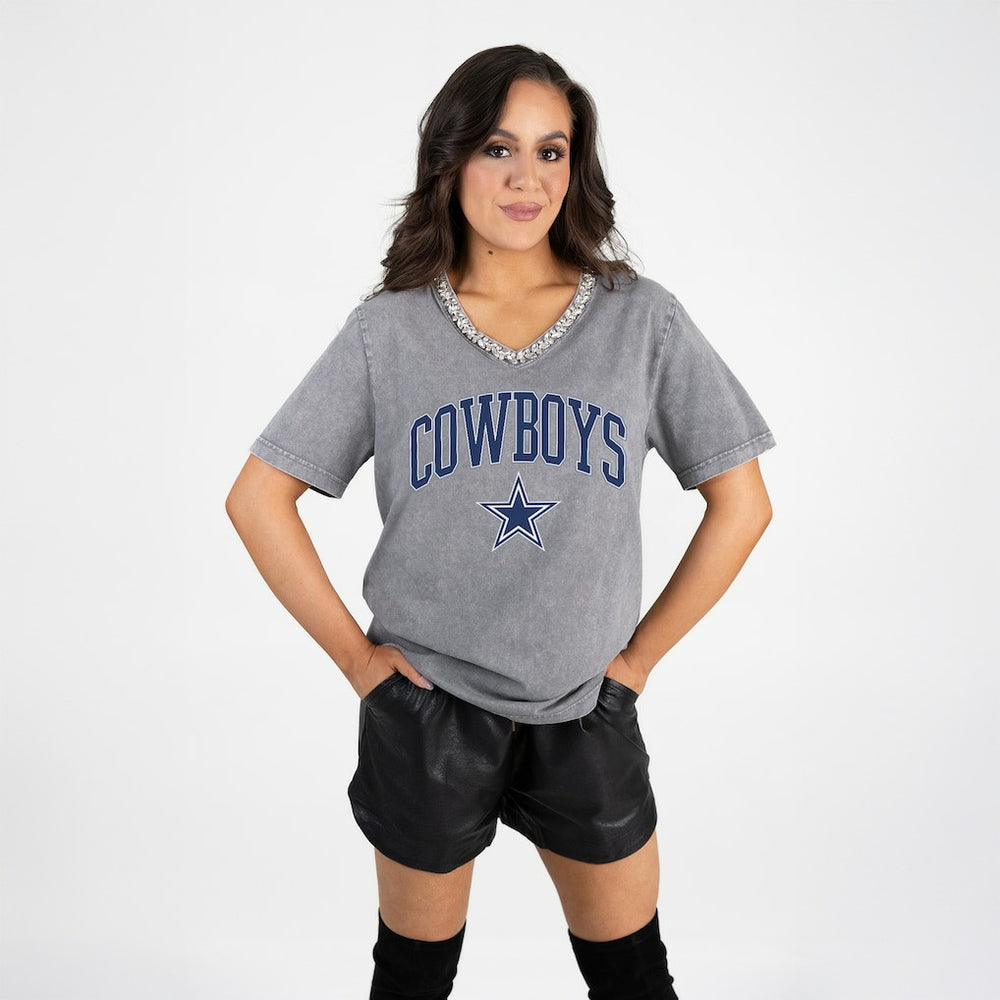 NFL Dallas Cowboys Gameday Couture Women's Relaxed Iconic Edge Rhinestone V-Neck T-Shirt
