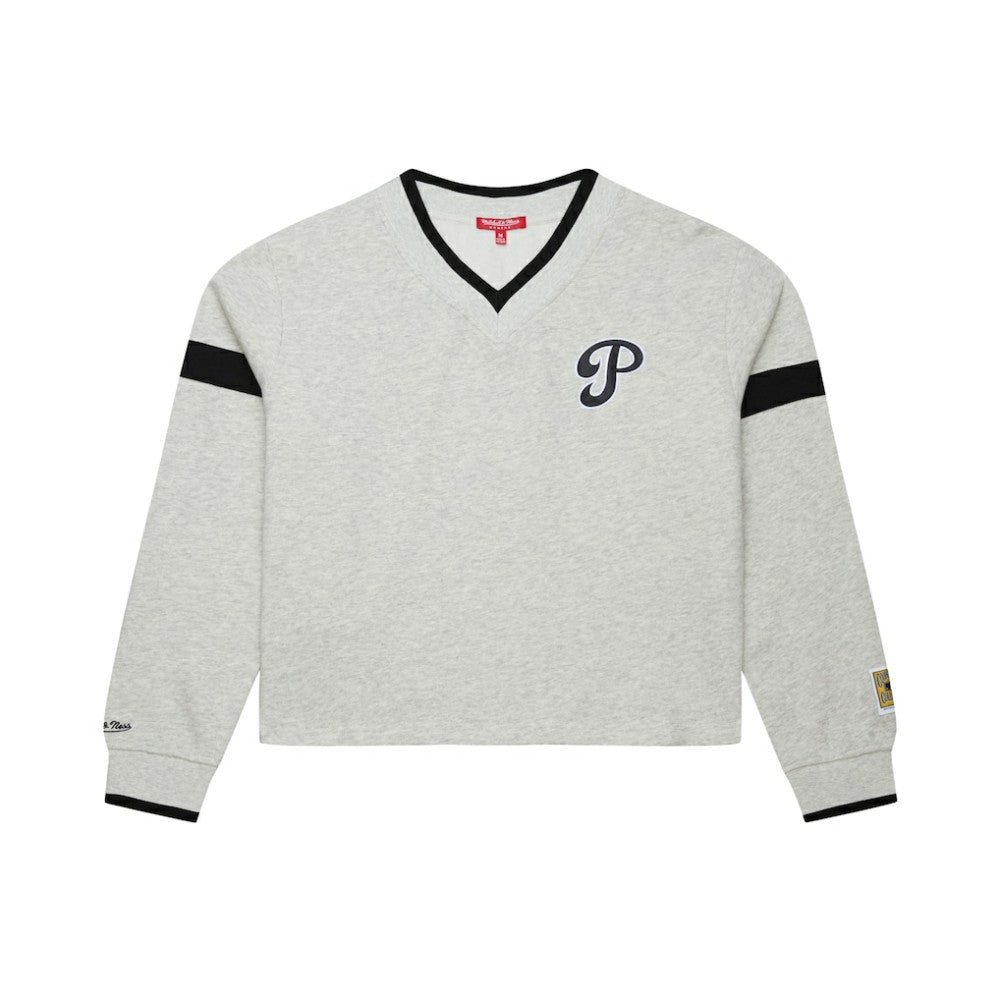 Philadelphia Phillies Women's Cooperstown Collection V-Neck Cropped Toggle Sweatshirt - Heather Gray | Mitchell & Ness