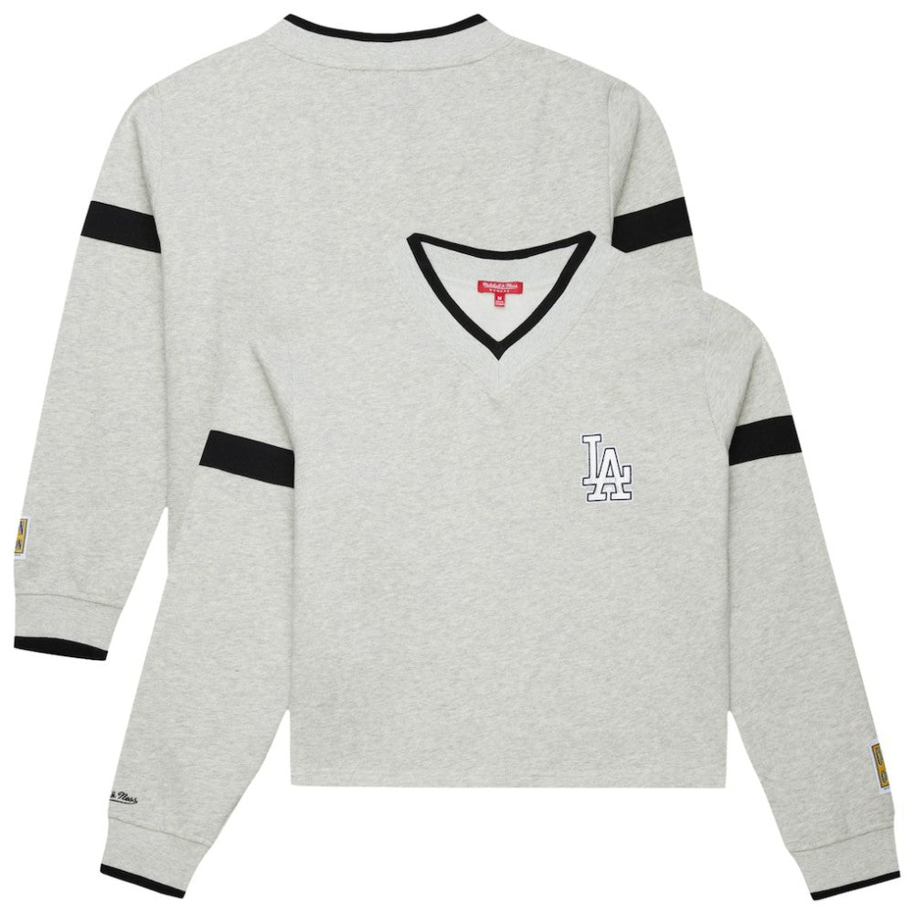 Los Angeles Dodgers Women's Cooperstown Collection V-Neck Cropped Toggle Sweatshirt - Heather Gray | Mitchell & Ness