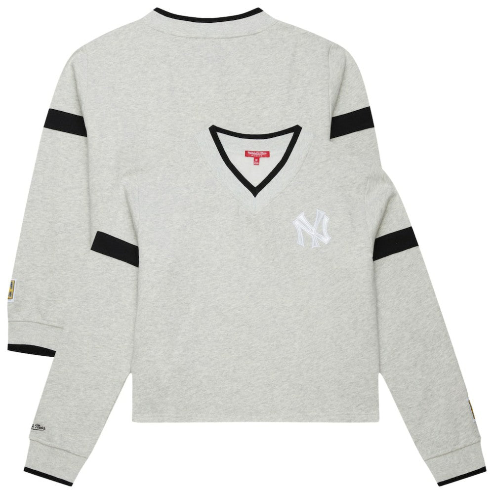 New York Yankees Women's Cooperstown Collection V-Neck Cropped Toggle Sweatshirt - Heather Gray | Mitchell & Ness