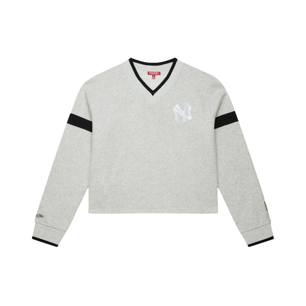 New York Yankees Women's Cooperstown Collection V-Neck Cropped Toggle Sweatshirt - Heather Gray | Mitchell & Ness