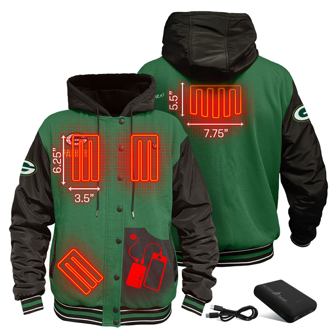 NFL Green Bay Packers ActionHeat 5V Battery Heated Full-Snap Varsity Jacket