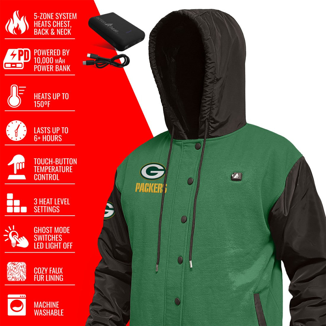 NFL Green Bay Packers ActionHeat 5V Battery Heated Full-Snap Varsity Jacket