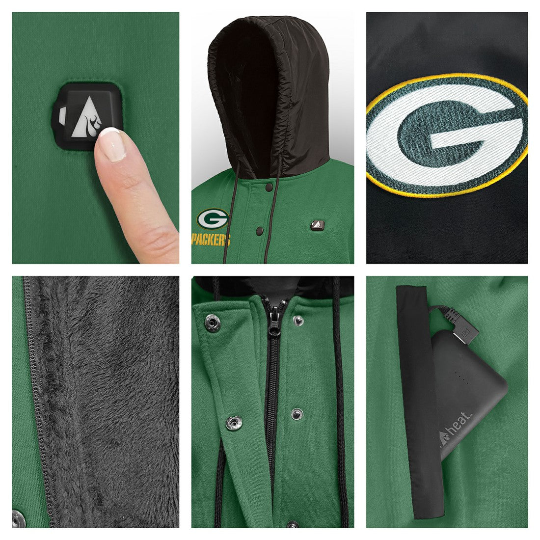 NFL Green Bay Packers ActionHeat 5V Battery Heated Full-Snap Varsity Jacket
