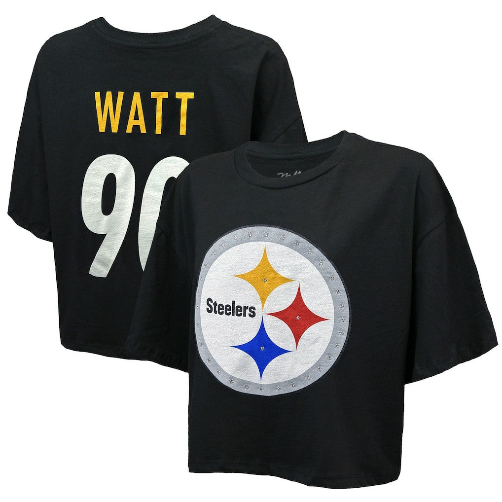 NFL Pittsburgh Steelers T.J. Watt  Majestic Threads Women's Swarovski Crystals Boxy Cropped Name & Number T-Shirt