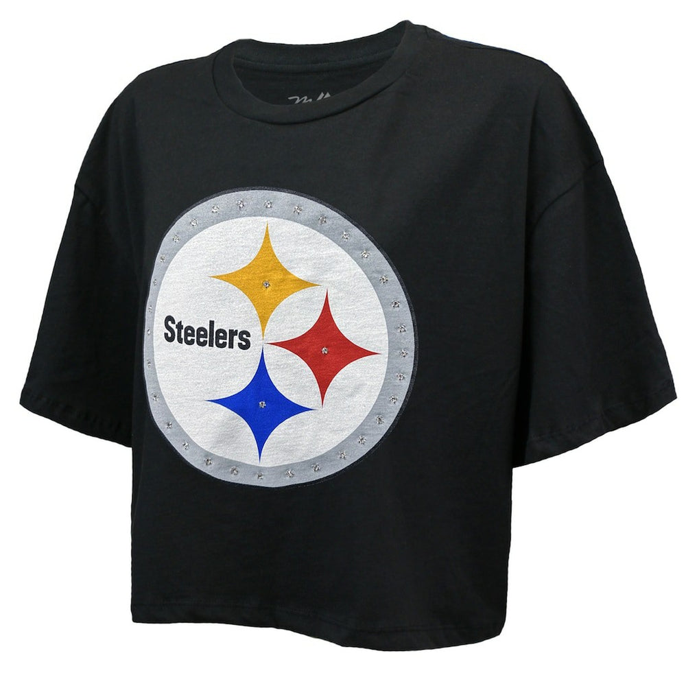 NFL Pittsburgh Steelers T.J. Watt  Majestic Threads Women's Swarovski Crystals Boxy Cropped Name & Number T-Shirt