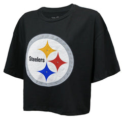 NFL Pittsburgh Steelers T.J. Watt  Majestic Threads Women's Swarovski Crystals Boxy Cropped Name & Number T-Shirt
