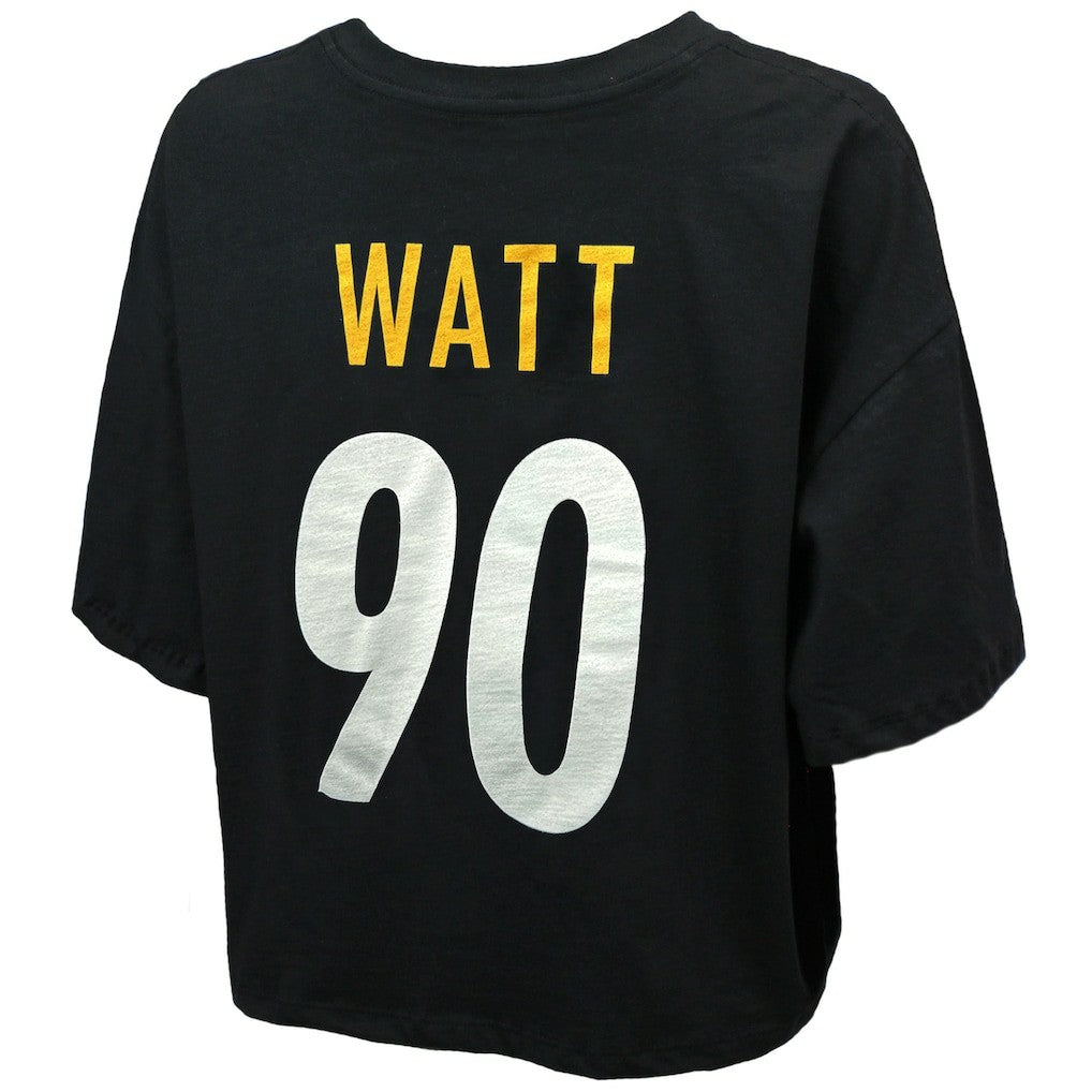 NFL Pittsburgh Steelers T.J. Watt  Majestic Threads Women's Swarovski Crystals Boxy Cropped Name & Number T-Shirt