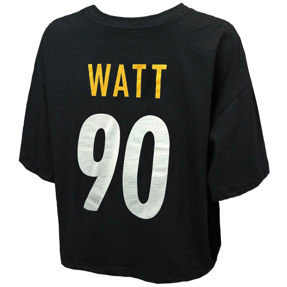 NFL Pittsburgh Steelers T.J. Watt  Majestic Threads Women's Swarovski Crystals Boxy Cropped Name & Number T-Shirt