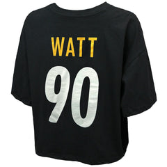 NFL Pittsburgh Steelers T.J. Watt  Majestic Threads Women's Swarovski Crystals Boxy Cropped Name & Number T-Shirt