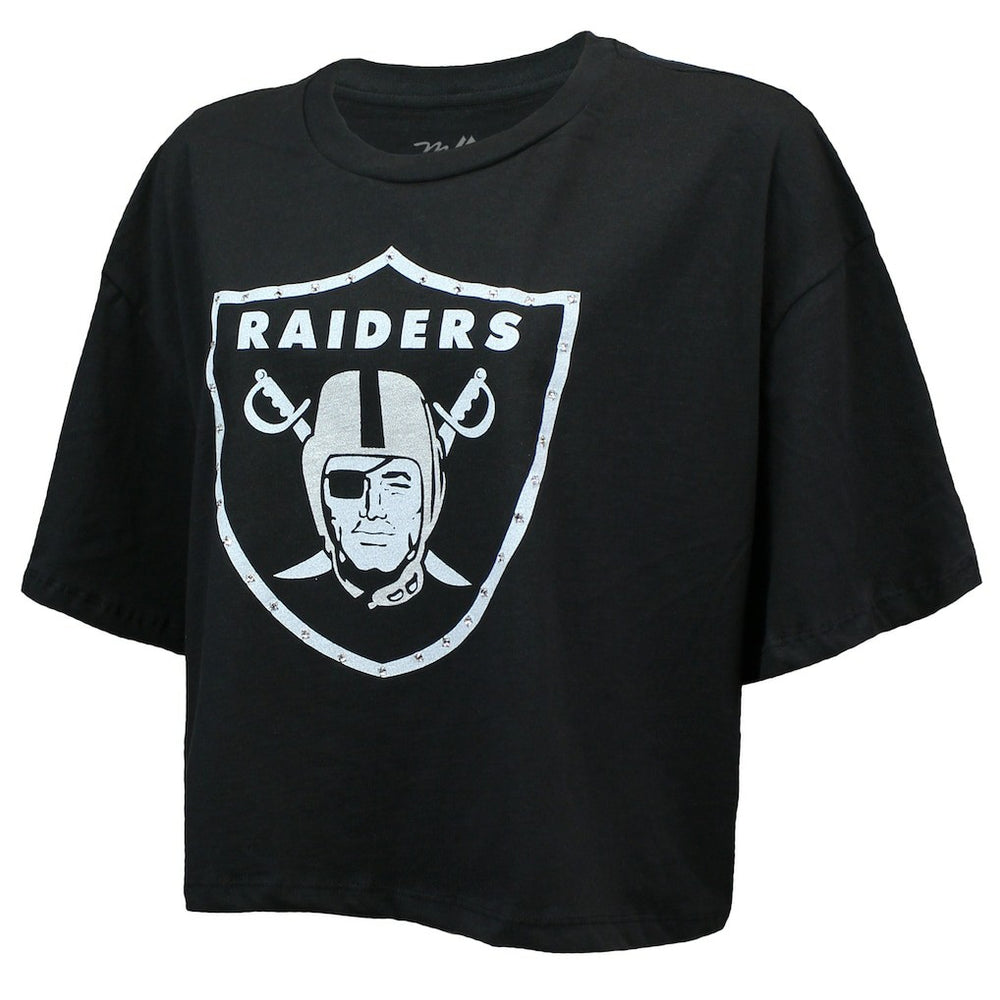 NFL Las Vegas Raiders Maxx Crosby  Majestic Threads Women's Swarovski Crystals Boxy Cropped Name & Number T-Shirt