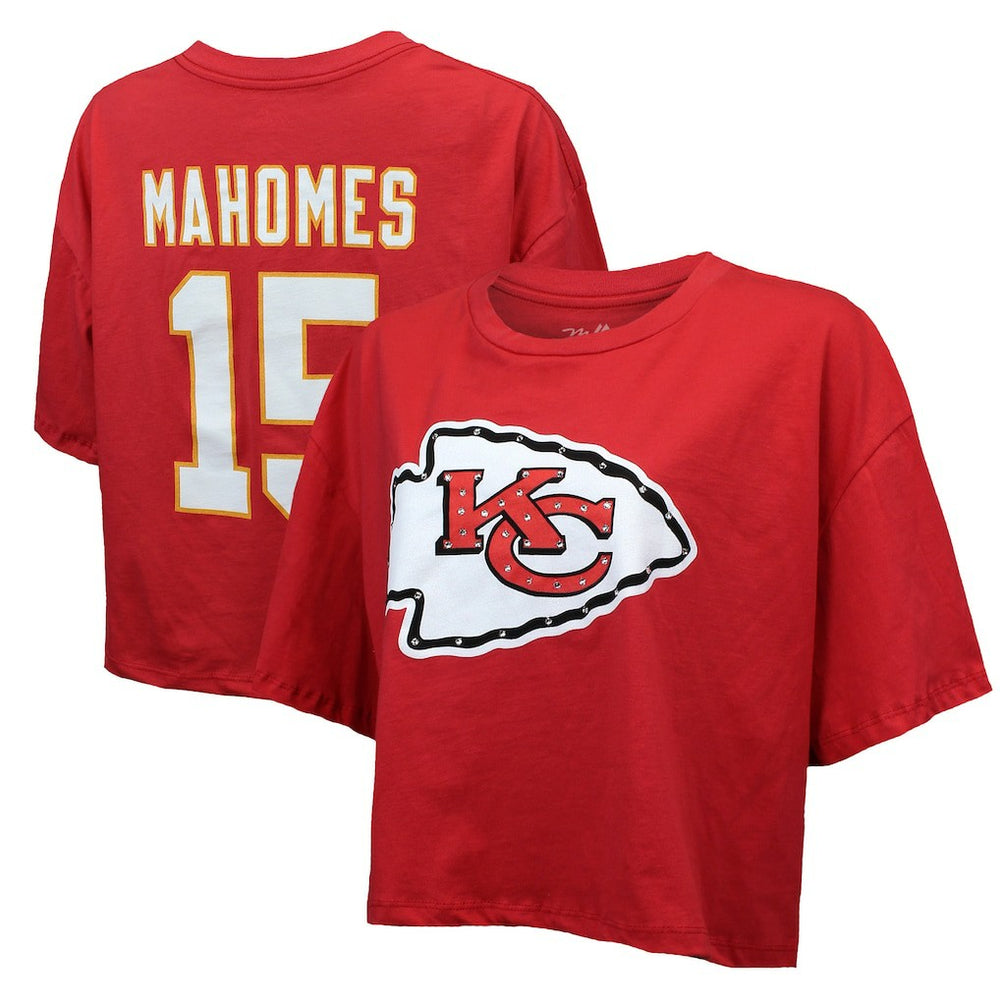 NFL Kansas City Chiefs Patrick Mahomes  Majestic Threads Women's Swarovski Crystals Boxy Cropped Name & Number T-Shirt