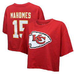 NFL Kansas City Chiefs Patrick Mahomes  Majestic Threads Women's Swarovski Crystals Boxy Cropped Name & Number T-Shirt