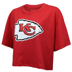 NFL Kansas City Chiefs Patrick Mahomes  Majestic Threads Women's Swarovski Crystals Boxy Cropped Name & Number T-Shirt