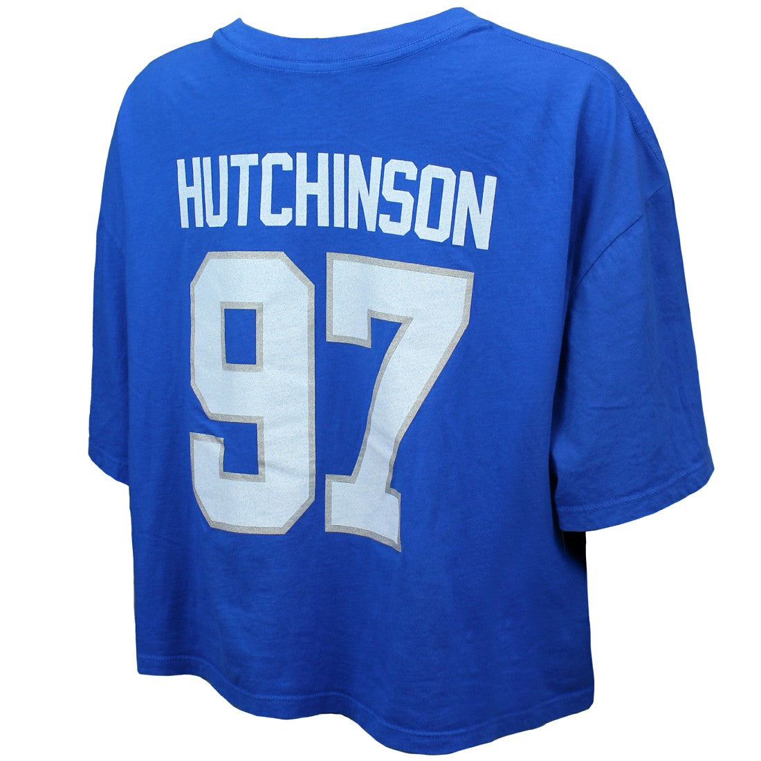 NFL Detroit Lions Aidan Hutchinson  Majestic Threads Women's Swarovski Crystals Boxy Cropped Name & Number T-Shirt