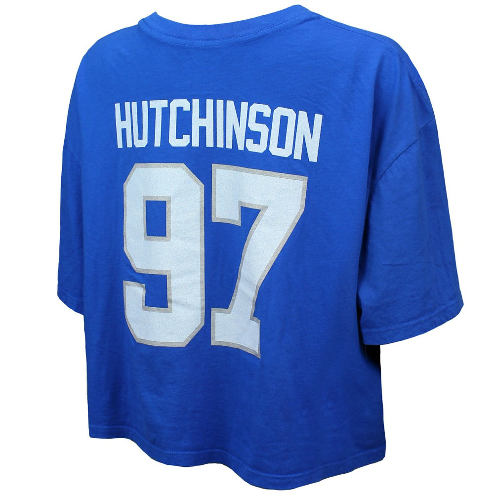 NFL Detroit Lions Aidan Hutchinson  Majestic Threads Women's Swarovski Crystals Boxy Cropped Name & Number T-Shirt