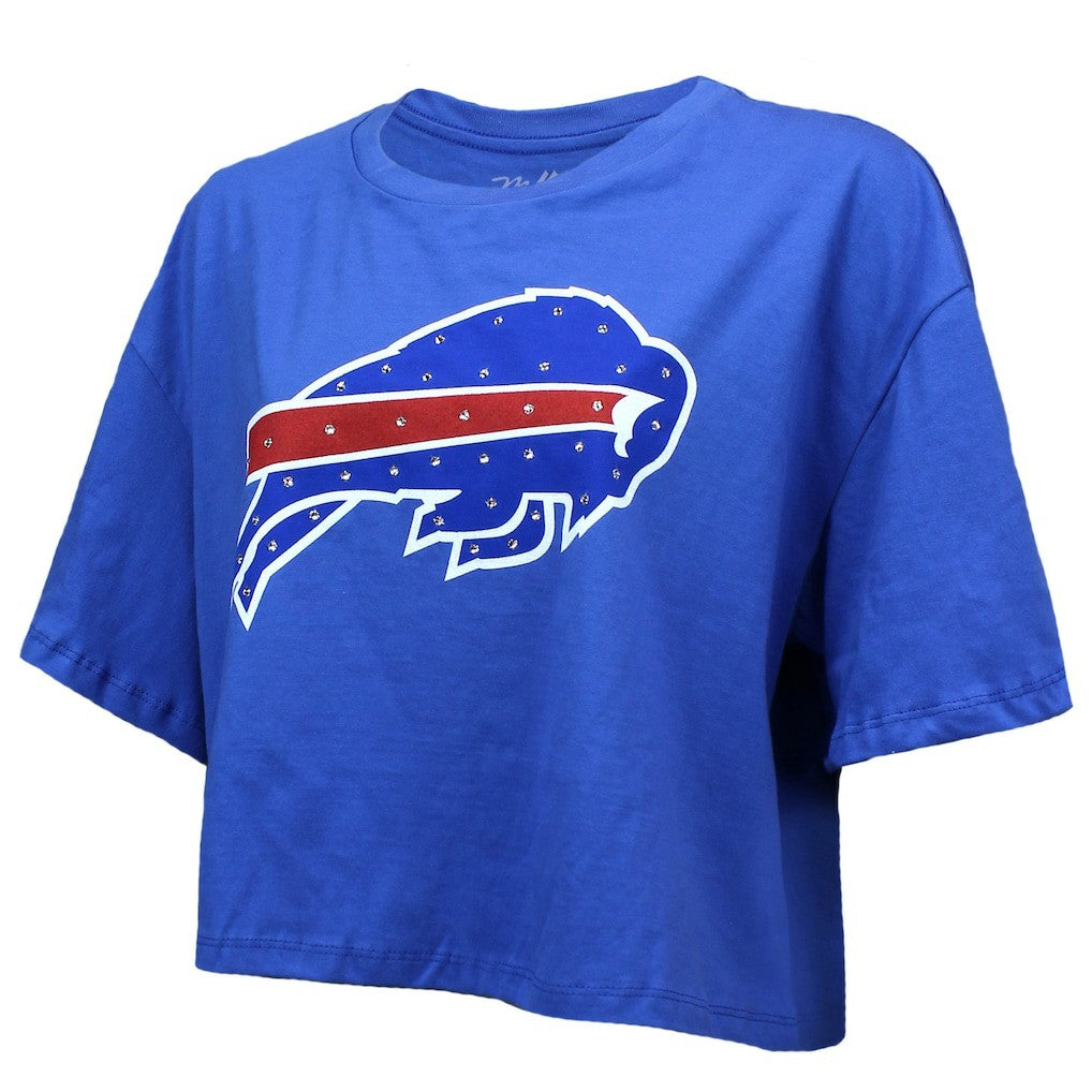 NFL Buffalo Bills Josh Allen  Majestic Threads Women's Swarovski Crystals Boxy Cropped Name & Number T-Shirt
