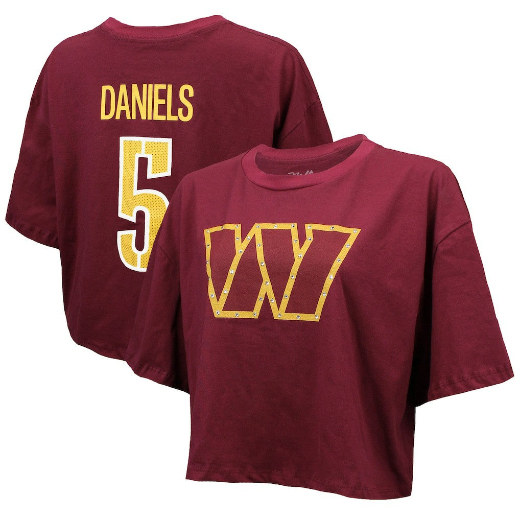 NFL Washington Commanders Jayden Daniels  Majestic Threads Women's Swarovski Crystals Boxy Cropped Name & Number T-Shirt