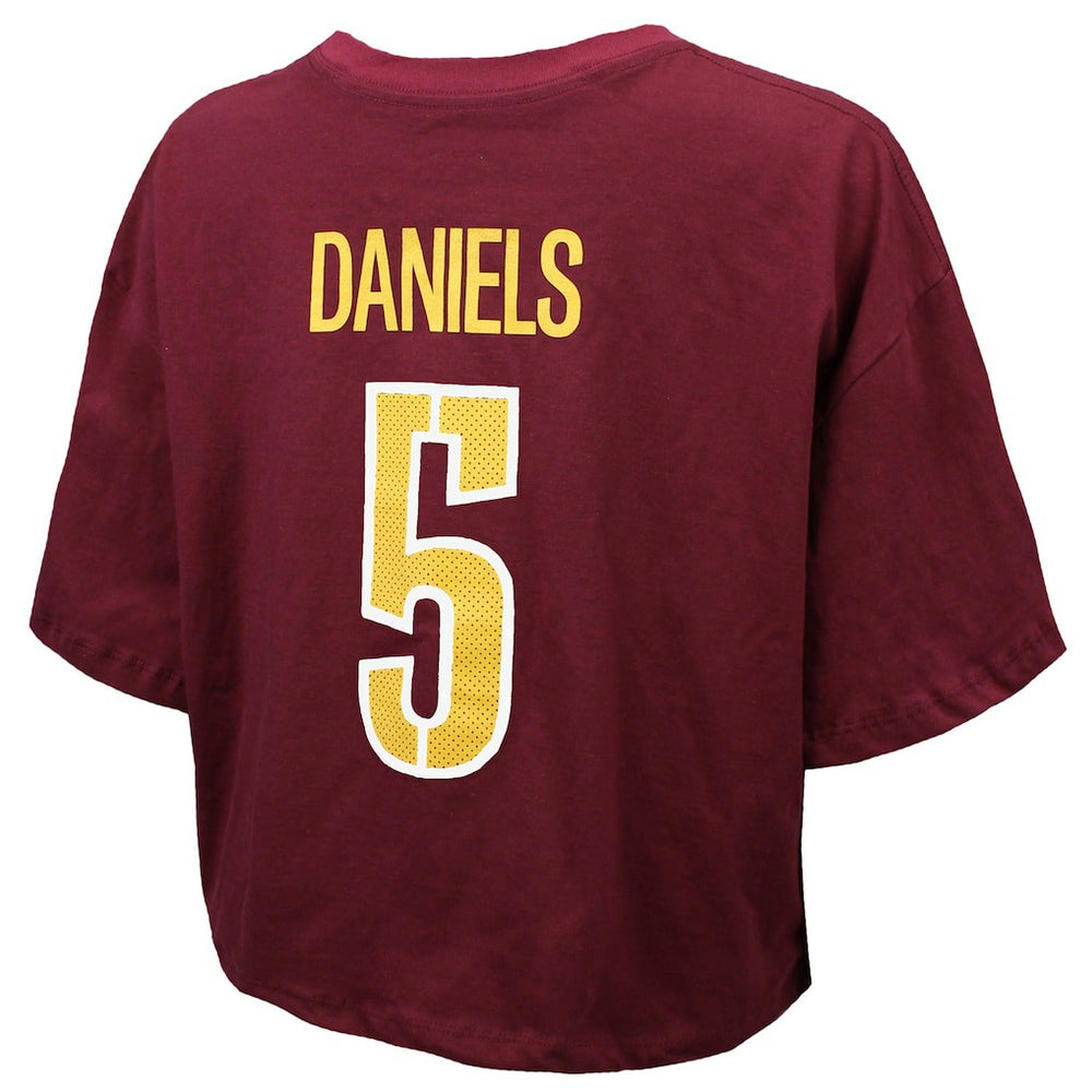 NFL Washington Commanders Jayden Daniels  Majestic Threads Women's Swarovski Crystals Boxy Cropped Name & Number T-Shirt