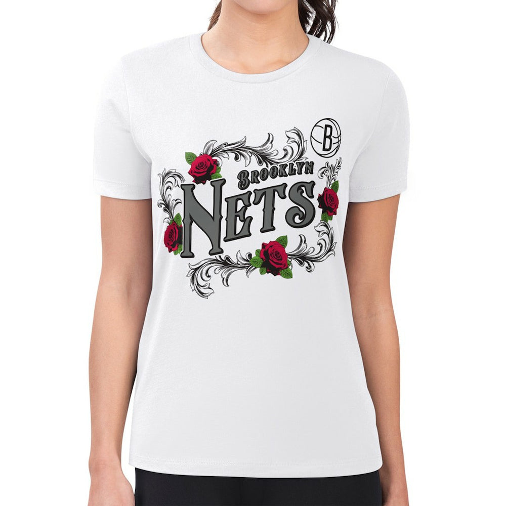 Brooklyn Nets G-III 4Her by Carl Banks Women's Super-Slim Fit Lightweight Roses Crew Neck T-Shirt - White on sale