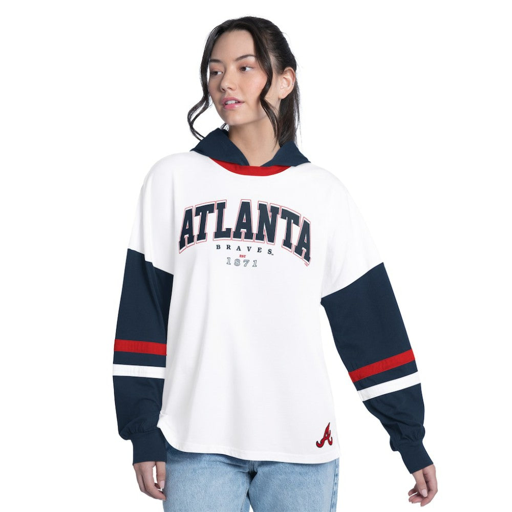 Atlanta Braves G-III 4Her by Carl Banks Women's Key Player Oversized Hooded Long Sleeve T-Shirt - White/Navy