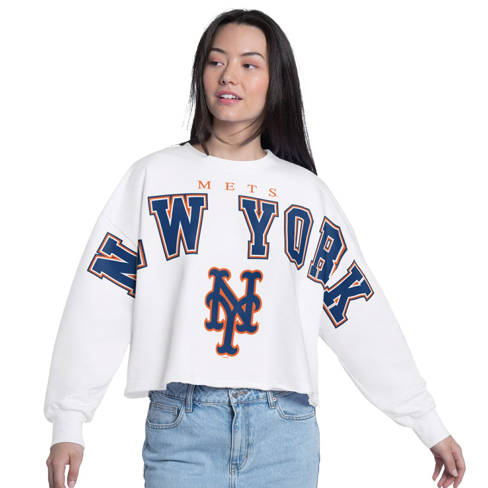 New York Mets G-III 4Her by Carl Banks Women's Bleachers Cropped Pullover Sweatshirt - White
