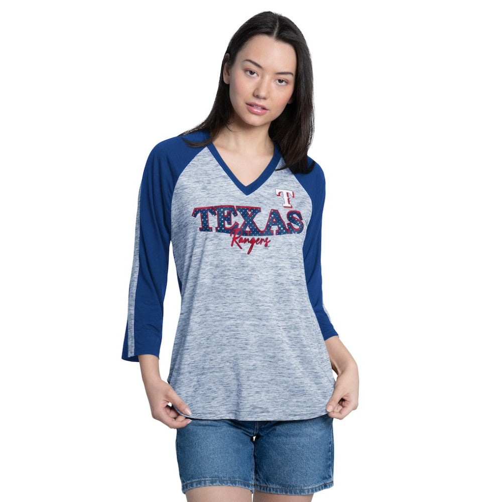 Texas Rangers G-III 4Her by Carl Banks Women's Speed Training 3/4-Sleeve Rhinestone V-Neck T-Shirt - Royal/Heather Royal