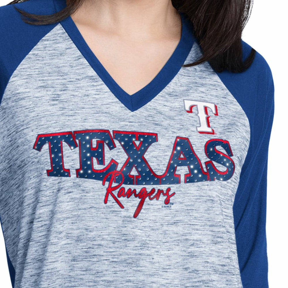 Texas Rangers G-III 4Her by Carl Banks Women's Speed Training 3/4-Sleeve Rhinestone V-Neck T-Shirt - Royal/Heather Royal