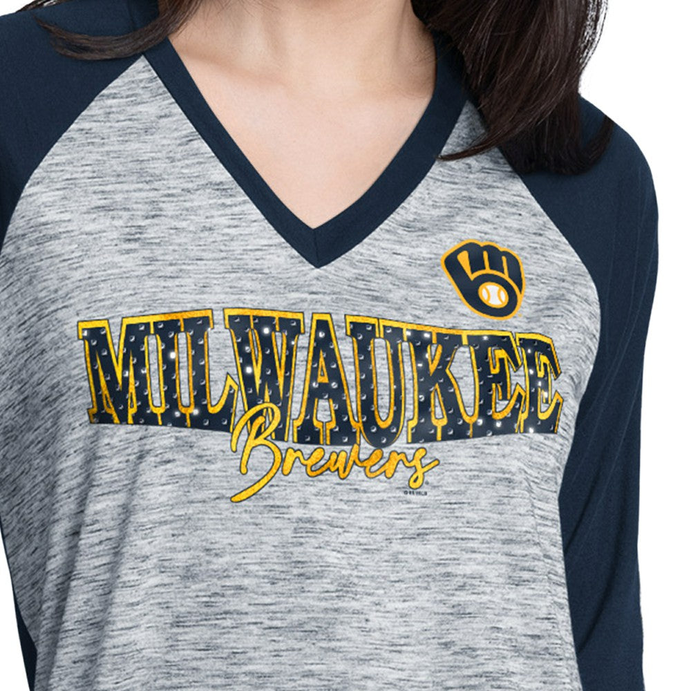 Milwaukee Brewers G-III 4Her by Carl Banks Women's Speed Training 3/4-Sleeve Rhinestone V-Neck T-Shirt - Navy/Heather Navy