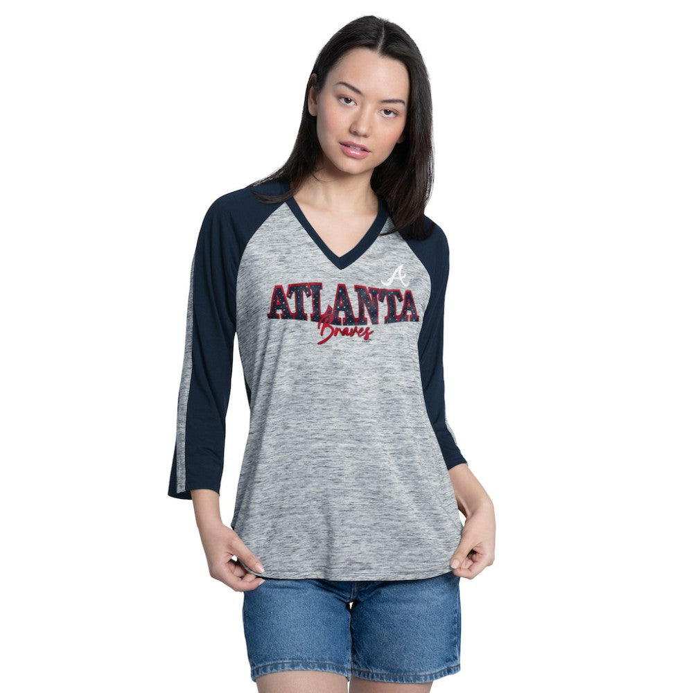 Atlanta Braves G-III 4Her by Carl Banks Women's Speed Training 3/4-Sleeve Rhinestone V-Neck T-Shirt - Navy/Heather Navy